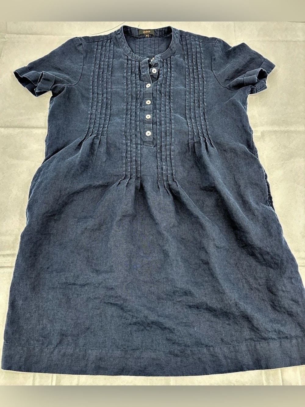 Quince 100% European Linen Short Sleeve Swing Dress Blue Medium